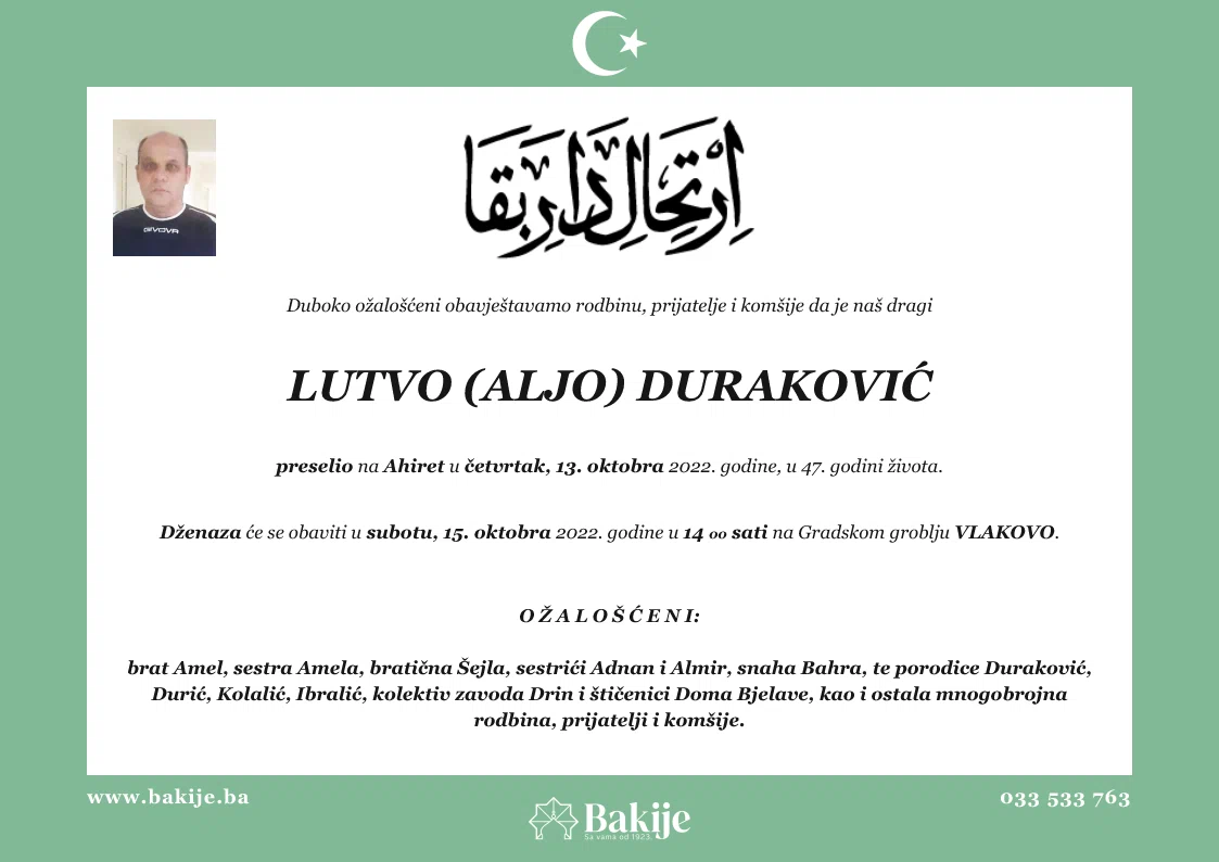 Smrtovnica — Lutvo (Aljo) Duraković