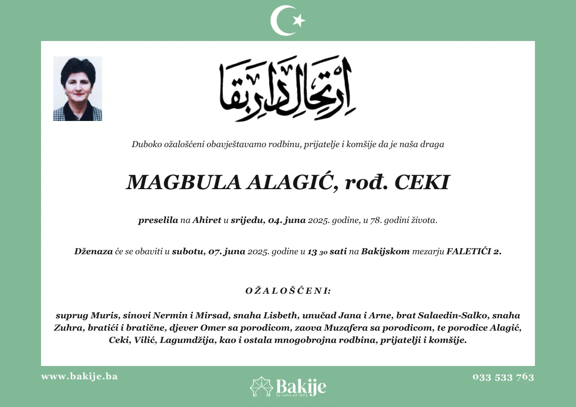 Smrtovnica — Magbula Alagić, rođ. Ceki