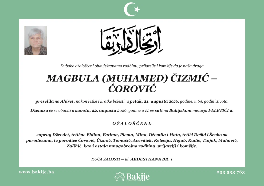 Smrtovnica — Magbula (Muhamed) Čizmić – Ćorović