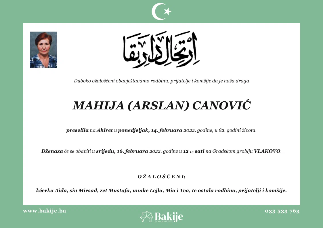 Smrtovnica — Mahija (Arslan) Canović