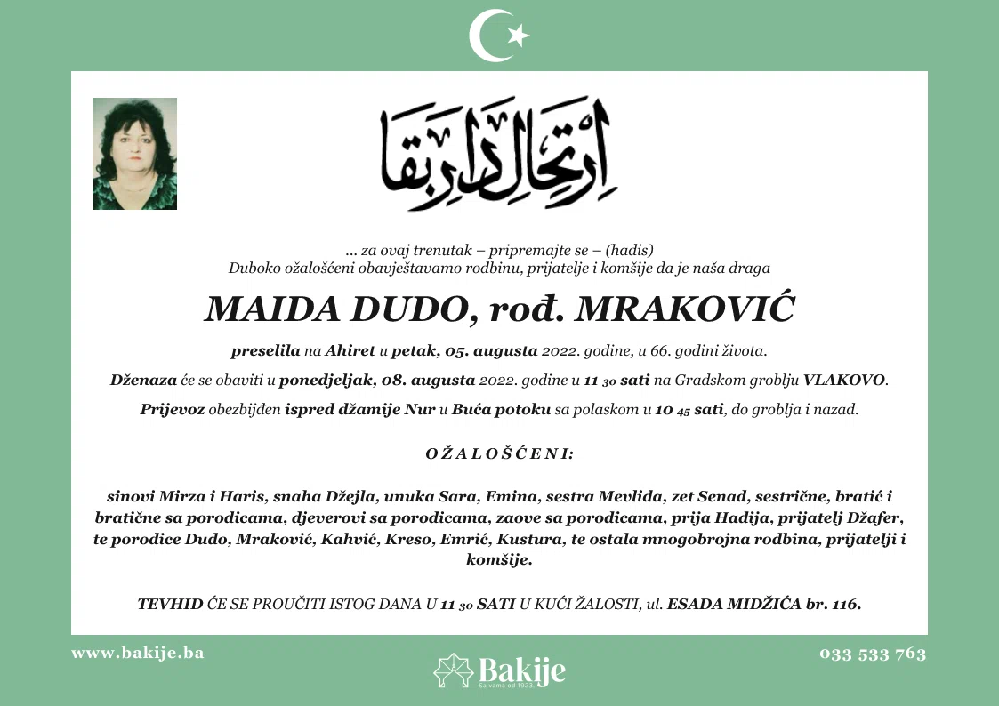 Smrtovnica — Maida Dudo, rođ. Mraković
