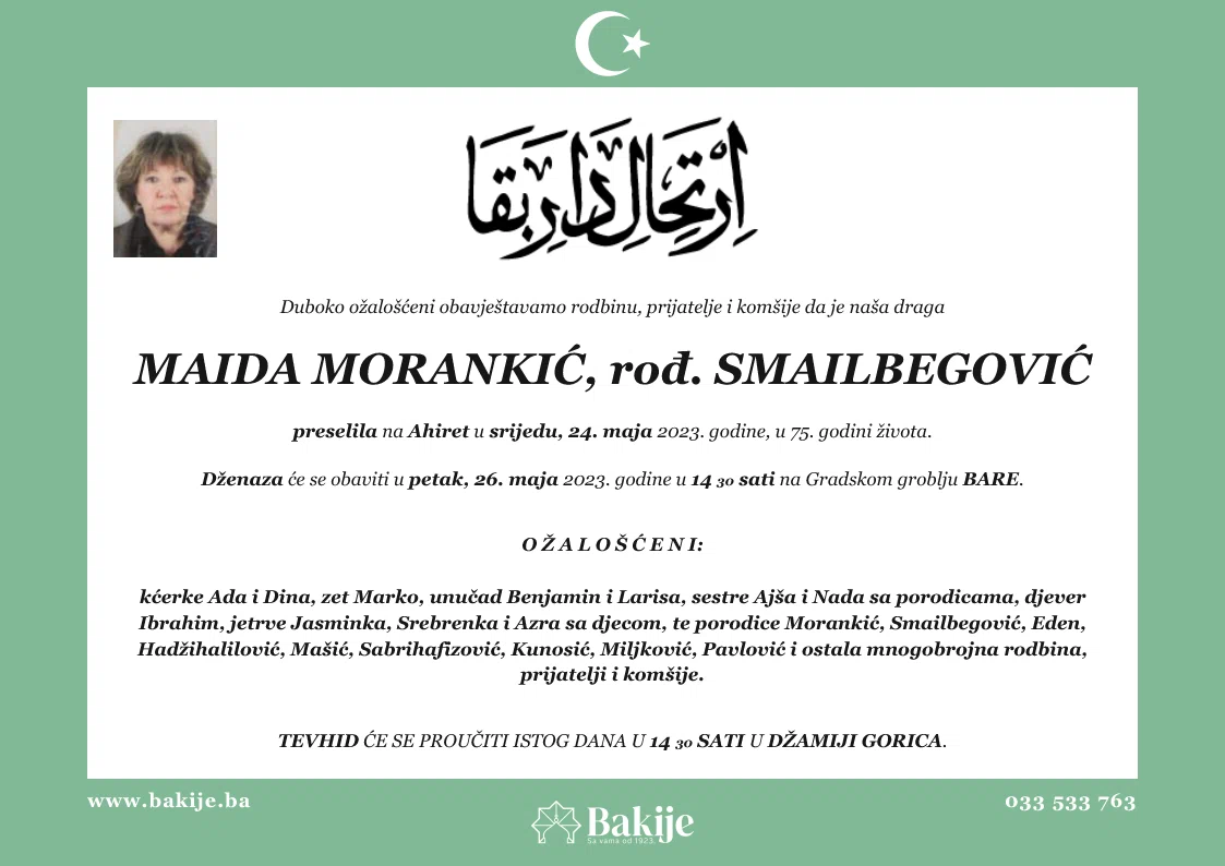 Smrtovnica — Maida Morankić, rođ. Smailbegović
