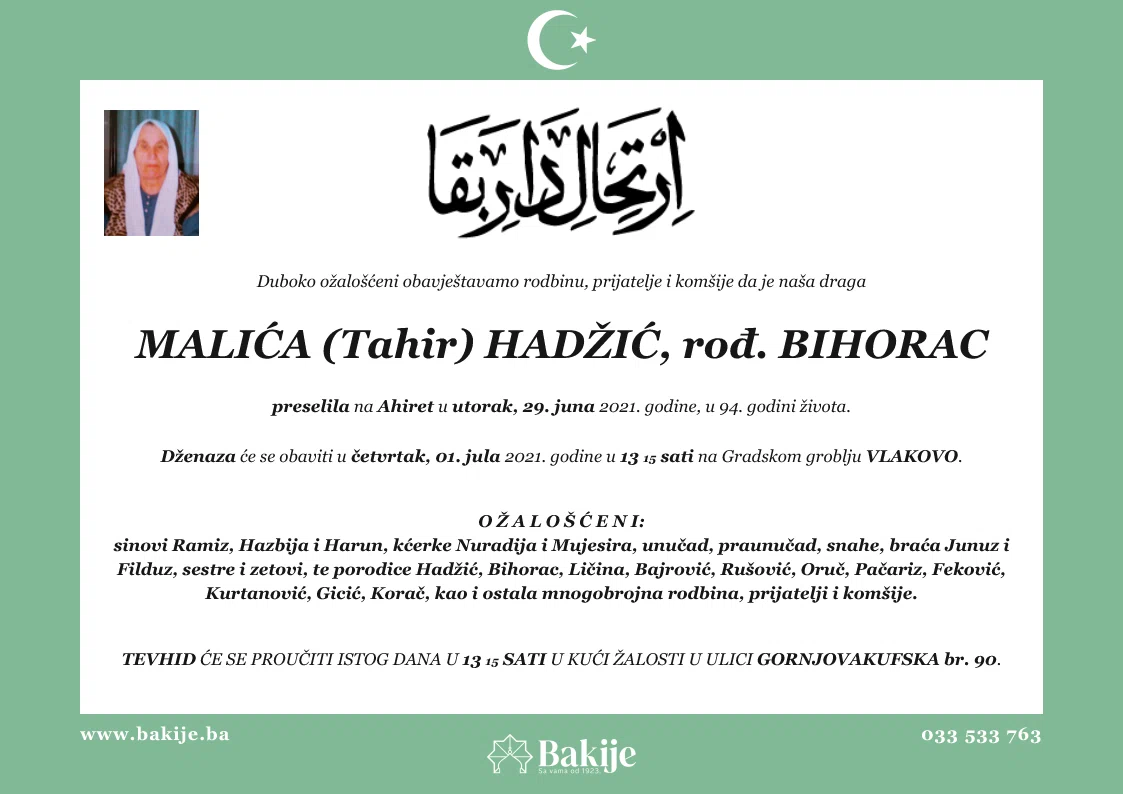 Smrtovnica — Malića (Tahir) Hadžić, rođ. Bihorac