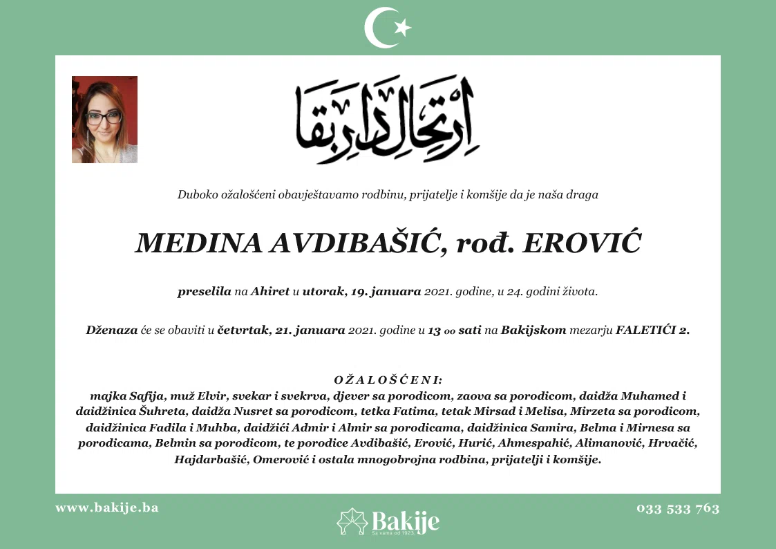 Smrtovnica — Medina Avdibašić, rođ. Erović