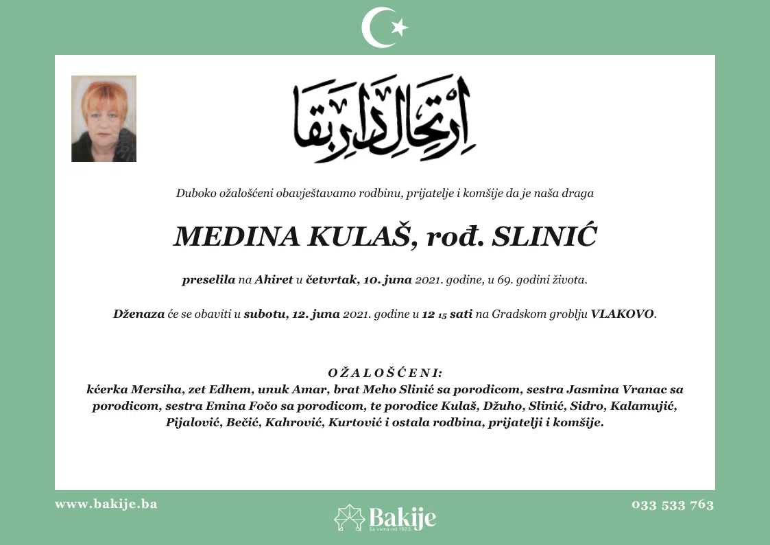 Smrtovnica — Medina Kulaš, rođ. Slinić