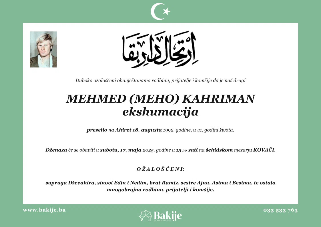 Smrtovnica — Mehmed (Meho) Kahriman Ekshumacija