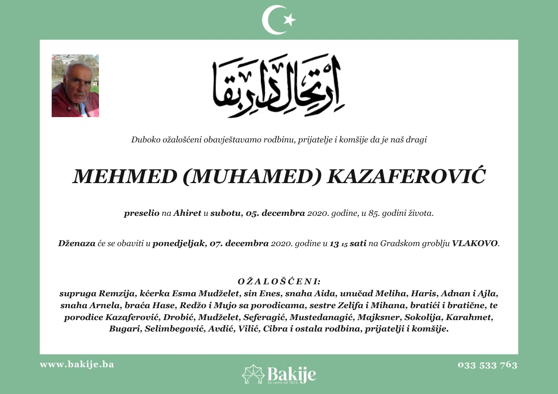 Smrtovnica — Mehmed (Muhamed) Kazaferović