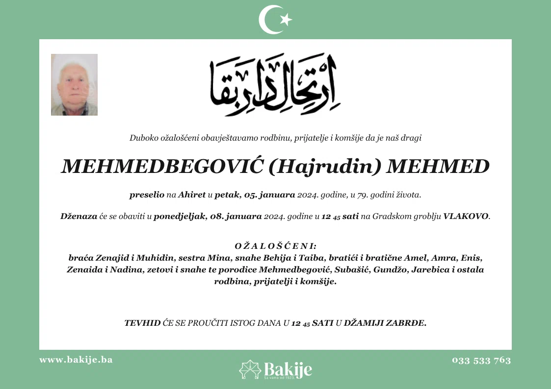 Smrtovnica — Mehmedbegović (Hajrudin) Mehmed