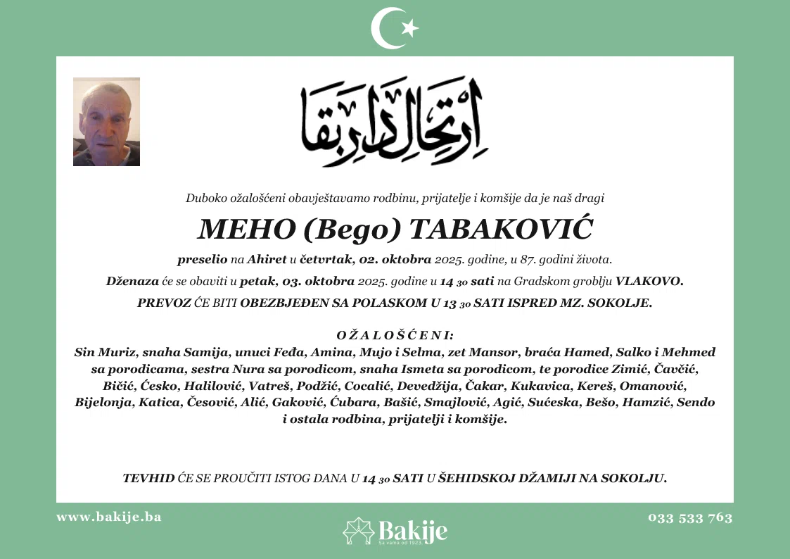 Smrtovnica — Meho (Bego) Tabaković
