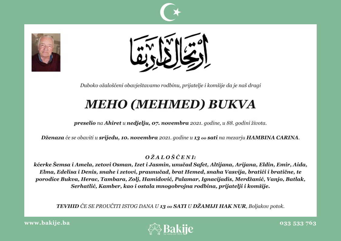 Smrtovnica — Meho (Mehmed) Bukva
