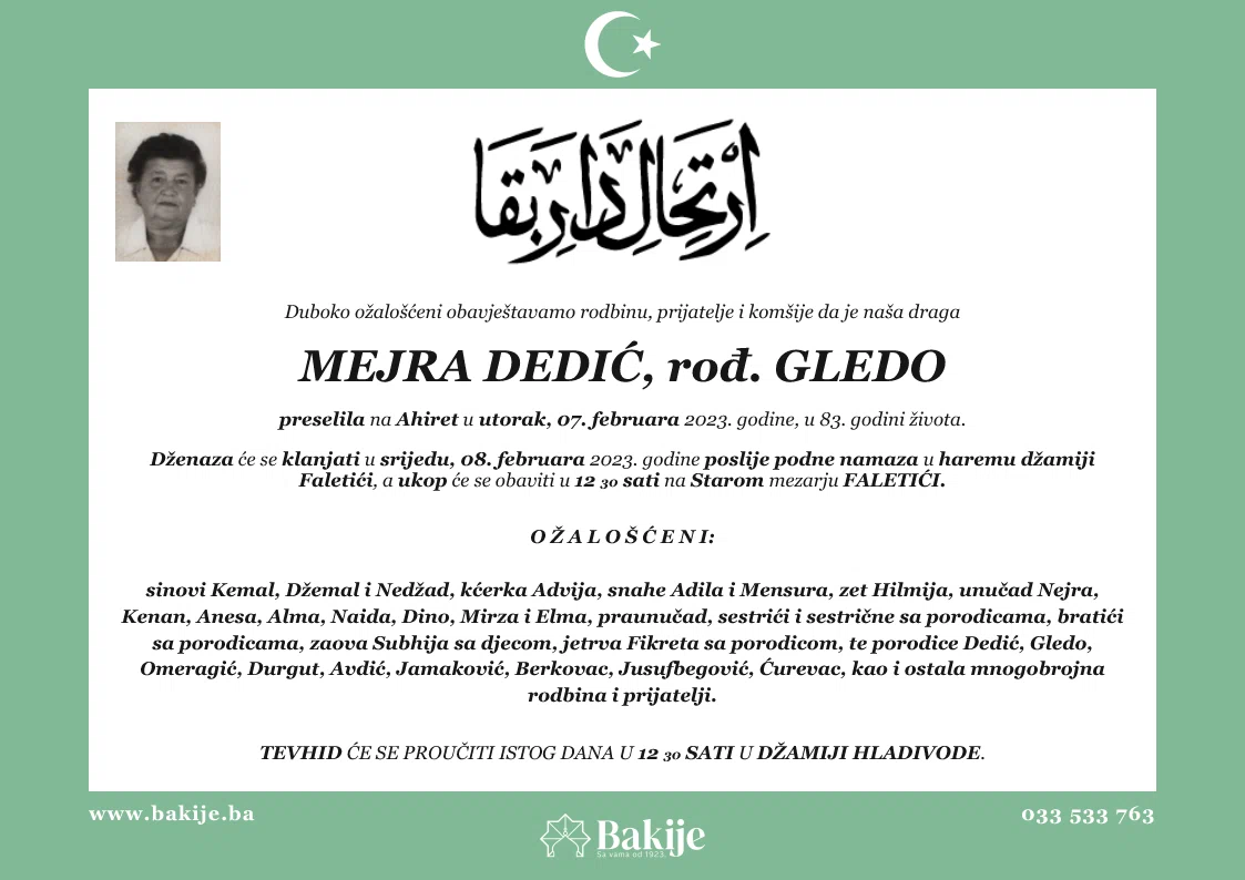 Smrtovnica — Mejra Dedić, rođ. Gledo