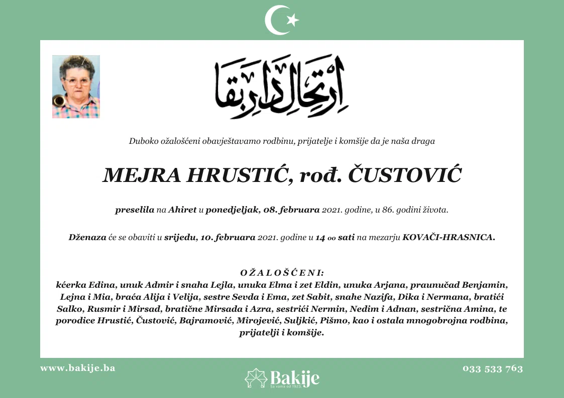Smrtovnica — Mejra Hrustić, rođ. Čustović