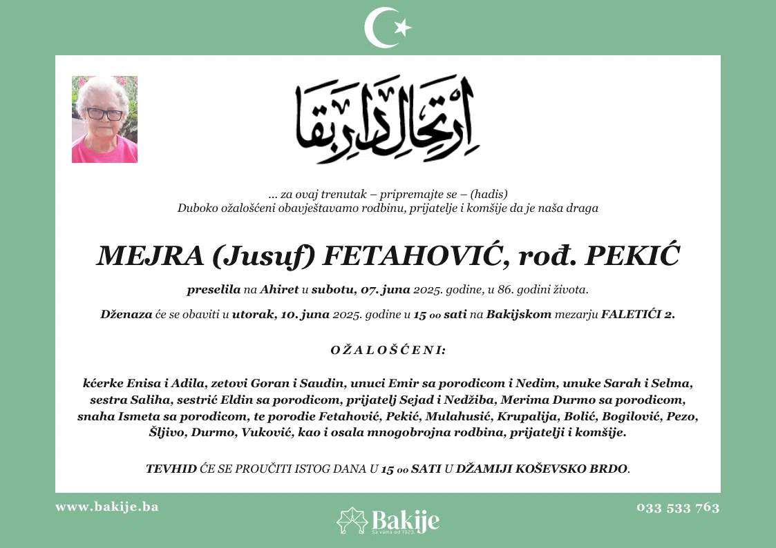Smrtovnica — Mejra (Jusuf) Fetahović, rođ. Pekić