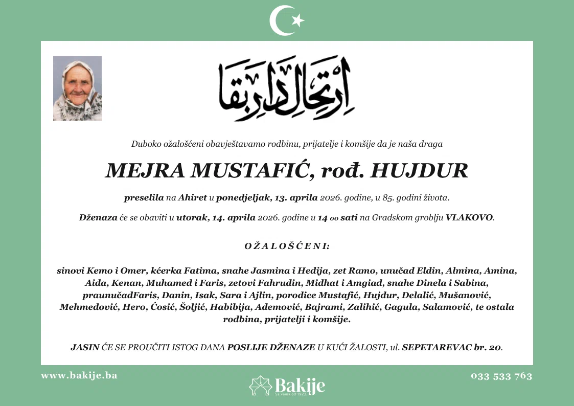 Smrtovnica — Mejra Mustafić, rođ. Hujdur
