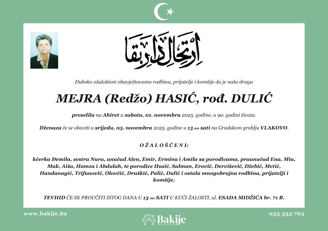 Smrtovnica — Mejra (Redžo) Hasić, rođ. Dulić