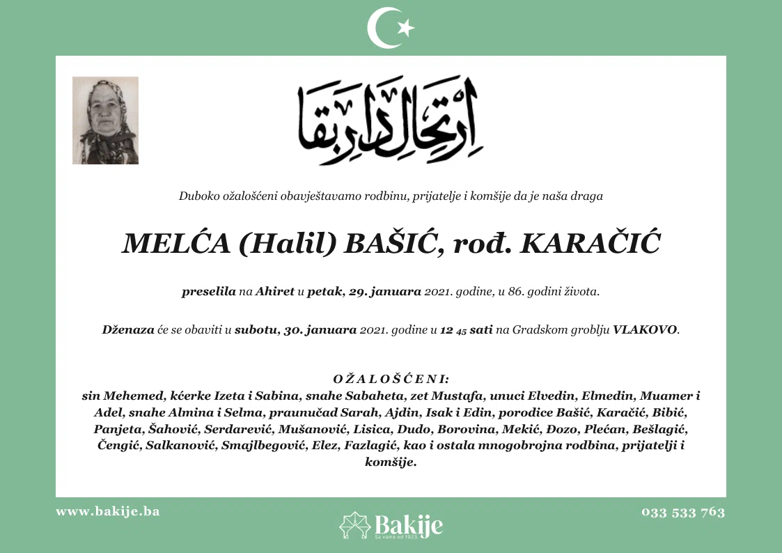 Smrtovnica — Melća (Halil) Bašić, rođ. Karačić