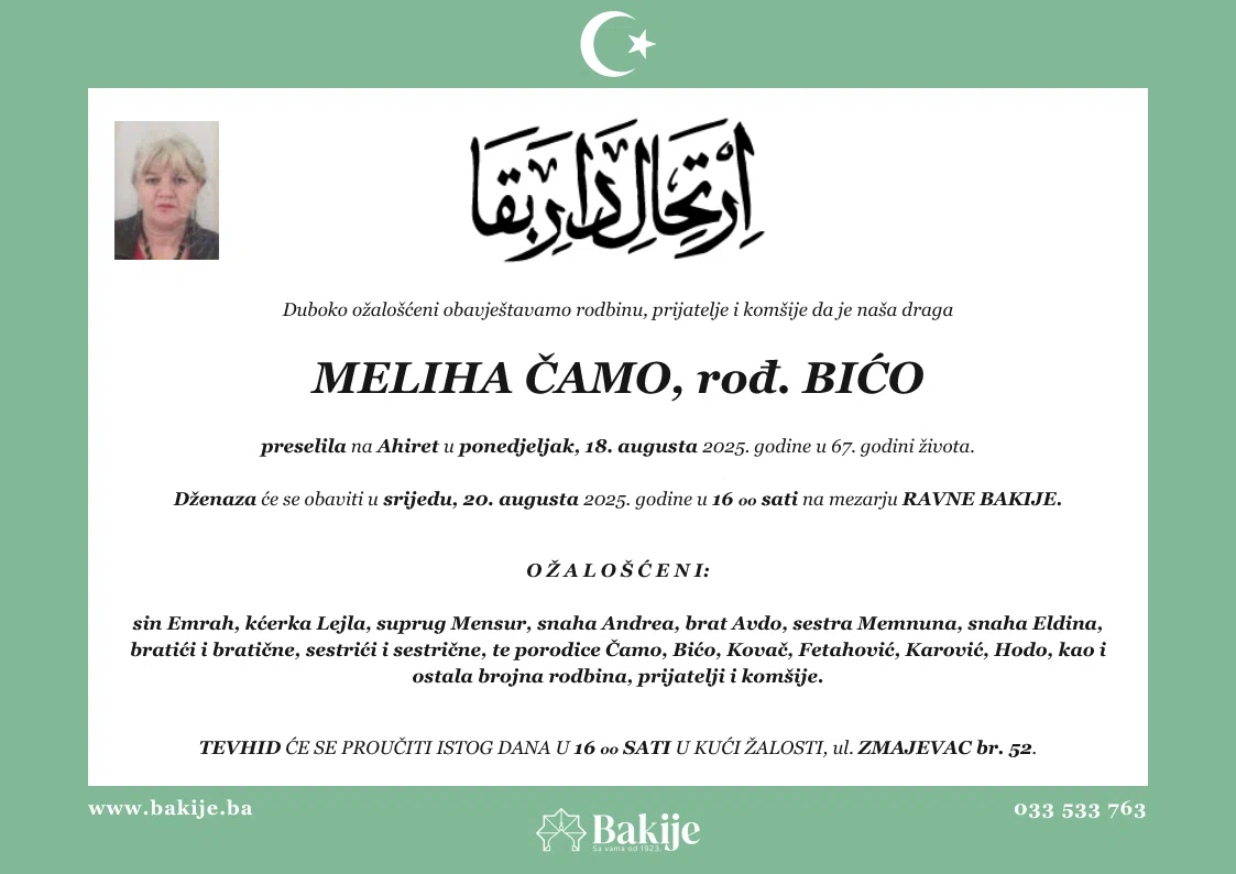 Smrtovnica — Meliha Čamo, rođ. Bićo