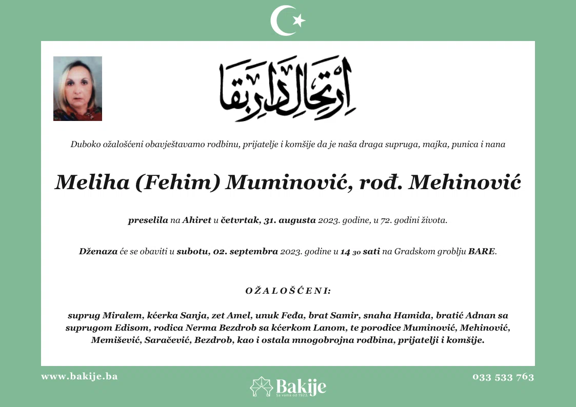 Smrtovnica — Meliha (Fehim) Muminović, rođ. Mehinović
