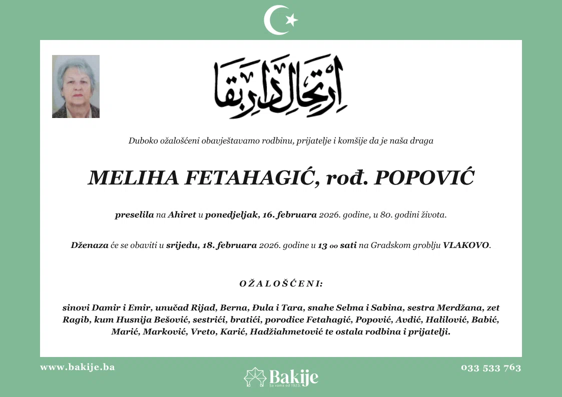 Smrtovnica — Meliha Fetahagić, rođ. Popović