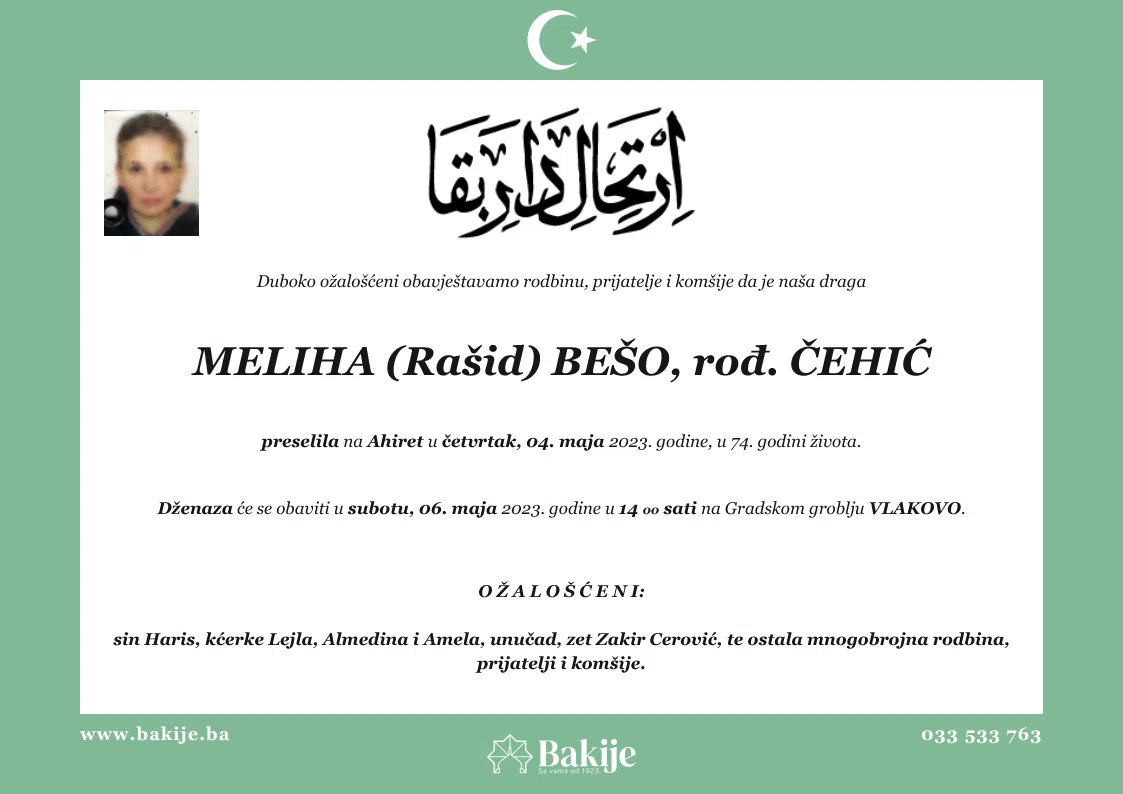 Smrtovnica — Meliha (Rašid) Bešo, rođ. Čehić