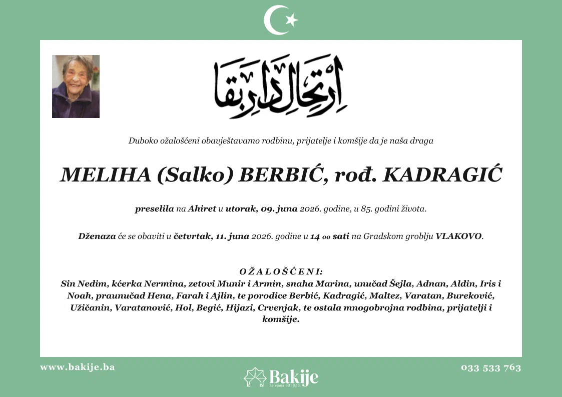Smrtovnica — Meliha (Salko) Berbić, rođ. Kadragić