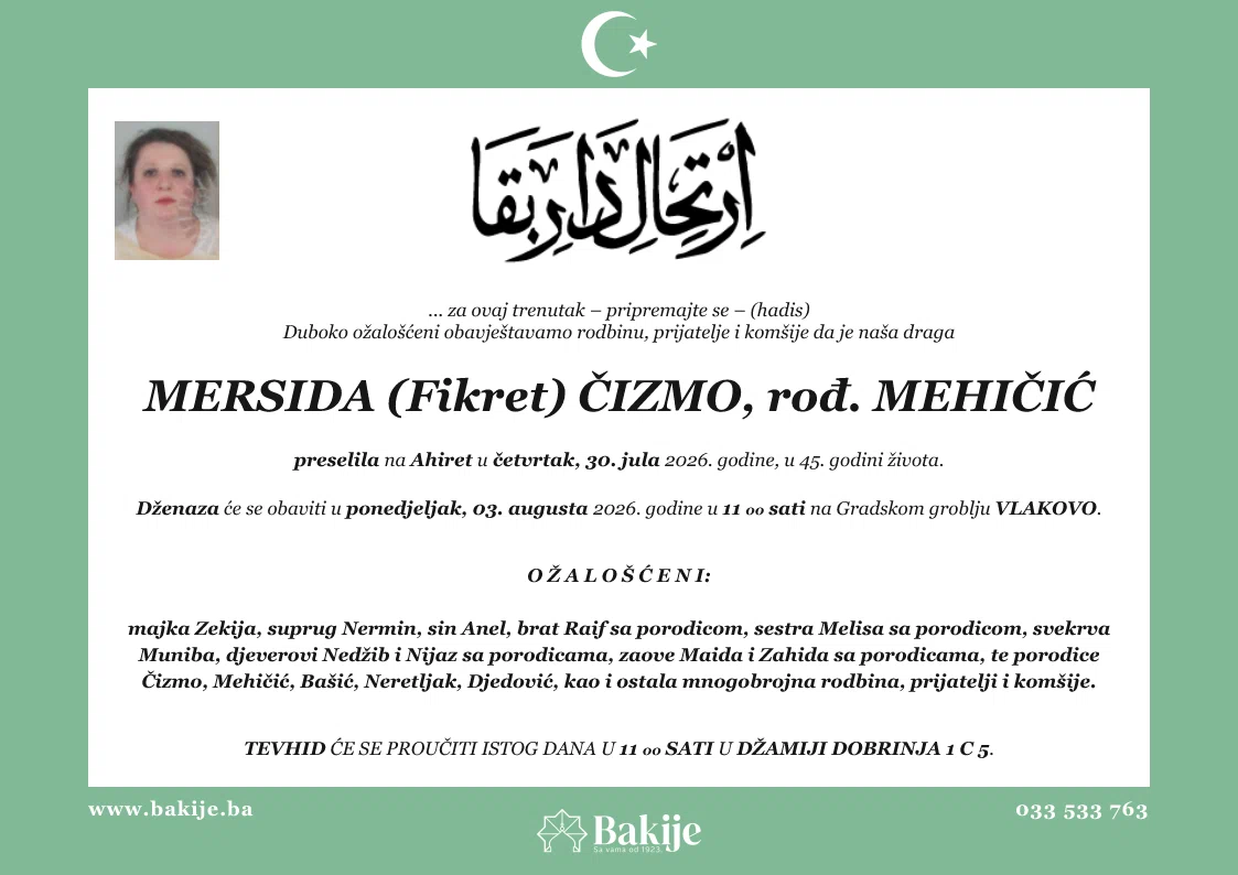 Smrtovnica — Mersida (Fikret) Čizmo, rođ. Mehičić