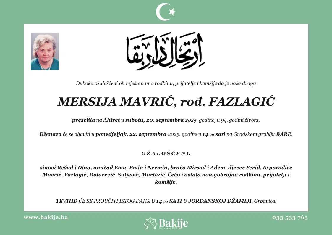 Smrtovnica — Mersija Mavrić, rođ. Fazlagić