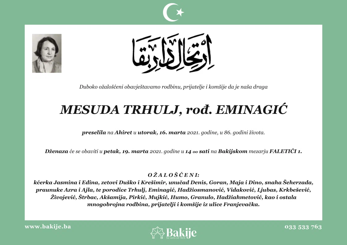 Smrtovnica — Mesuda Trhulj, rođ. Eminagić