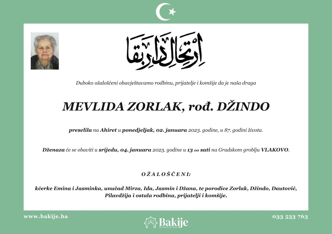 Smrtovnica — Mevlida Zorlak, rođ. Džindo