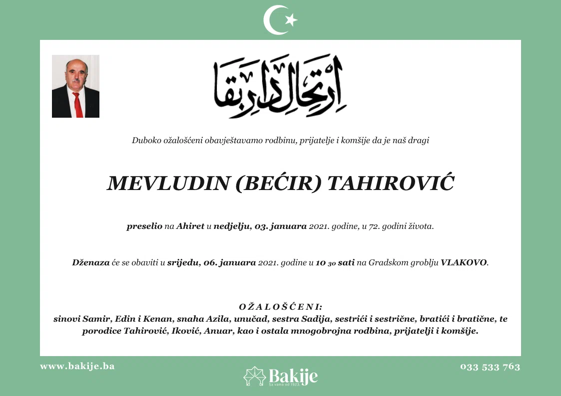 Smrtovnica — Mevludin (Bećir) Tahirović
