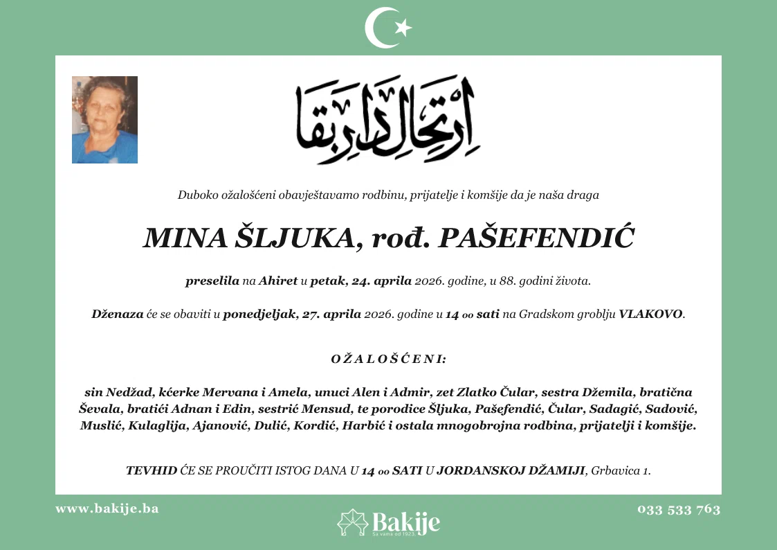 Smrtovnica — Mina Šljuka, rođ. Pašefendić