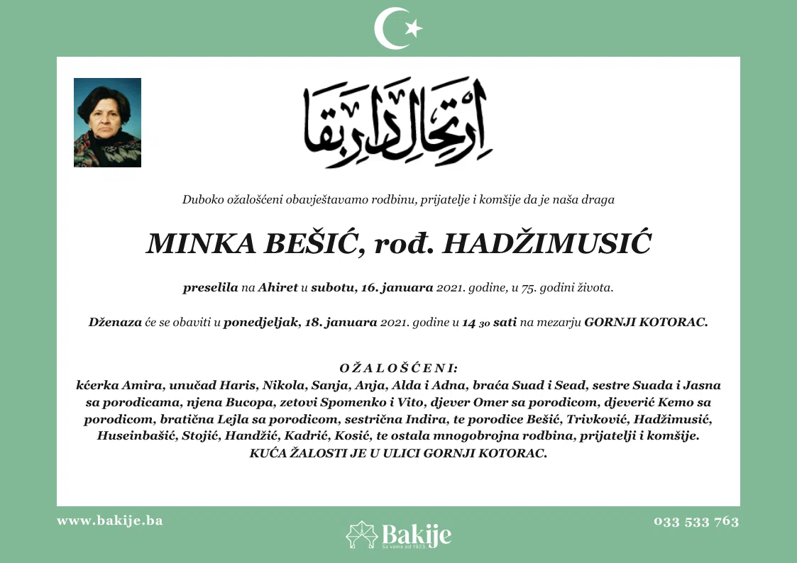 Smrtovnica — Minka Bešić, rođ. Hadžimusić