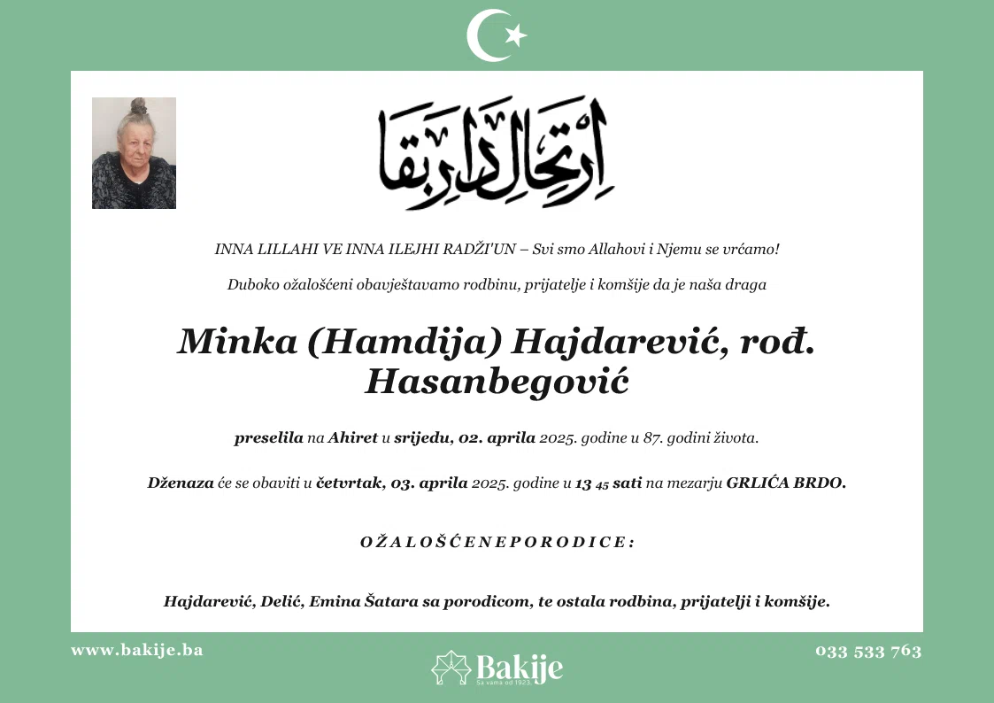 Smrtovnica — Minka (Hamdija) Hajdarević, rođ. Hasanbegović