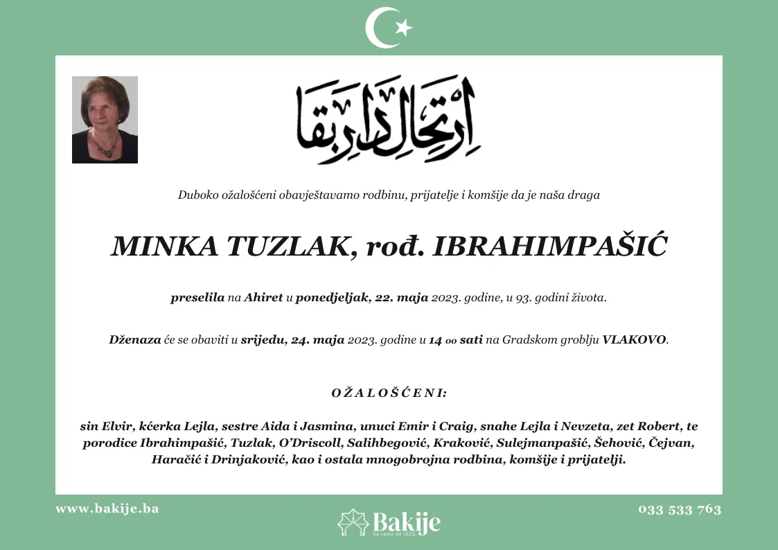 Smrtovnica — Minka Tuzlak, rođ. Ibrahimpašić