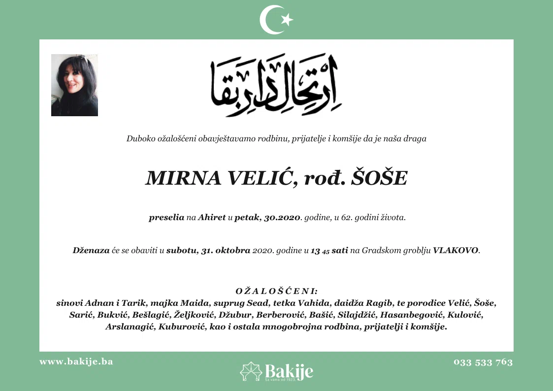 Smrtovnica — Mirna Velić, rođ. Šoše