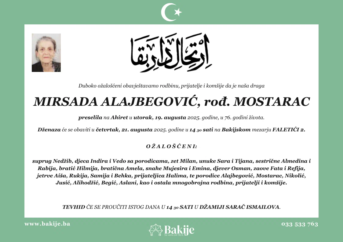 Smrtovnica — Mirsada Alajbegović, rođ. Mostarac