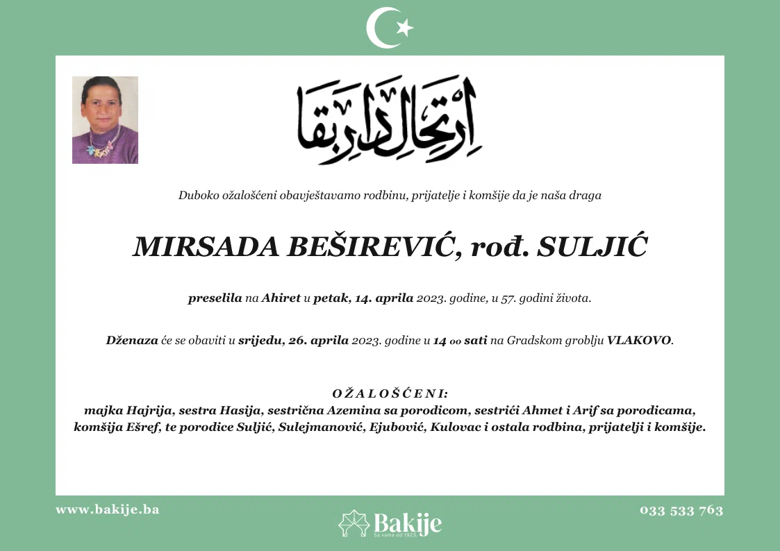 Smrtovnica — Mirsada Beširević, rođ. Suljić