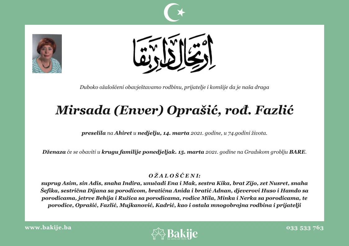Smrtovnica — Mirsada (Enver) Oprašić, rođ. Fazlić