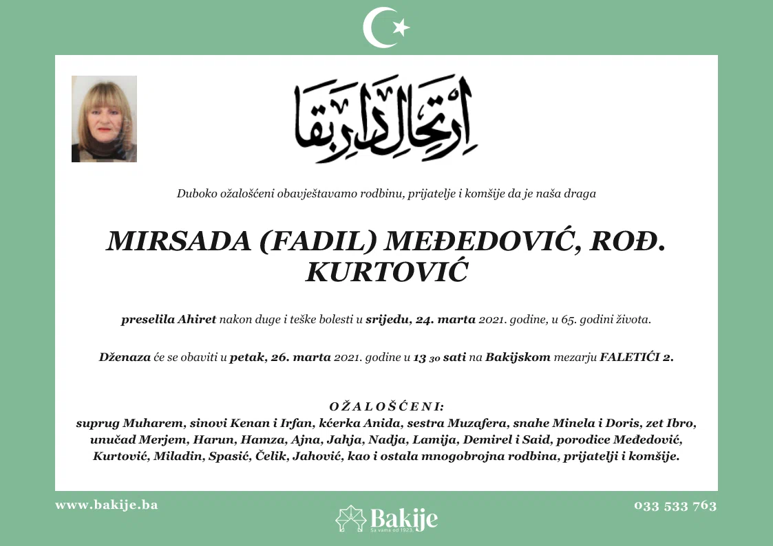 Smrtovnica — Mirsada (Fadil) Međedović, rođ. Kurtović