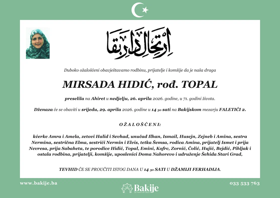 Smrtovnica — Mirsada Hidić, rođ. Topal
