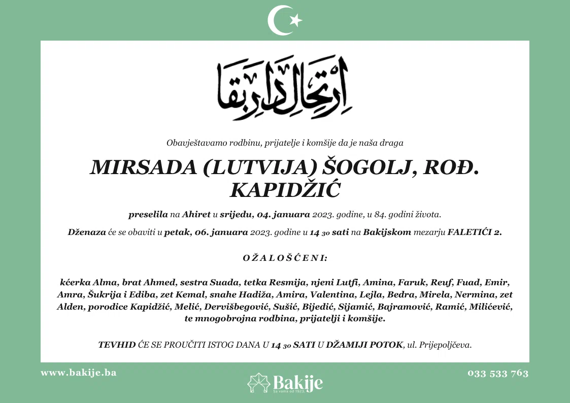 Smrtovnica — Mirsada (Lutvija) Šogolj, rođ. Kapidžić