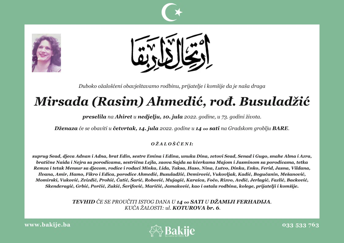 Smrtovnica — Mirsada (Rasim) Ahmedić, rođ. Busuladžić
