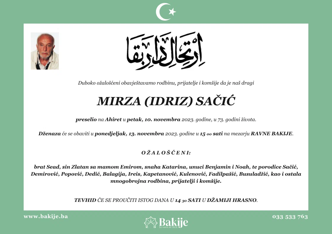 Smrtovnica — Mirza (Idriz) Sačić