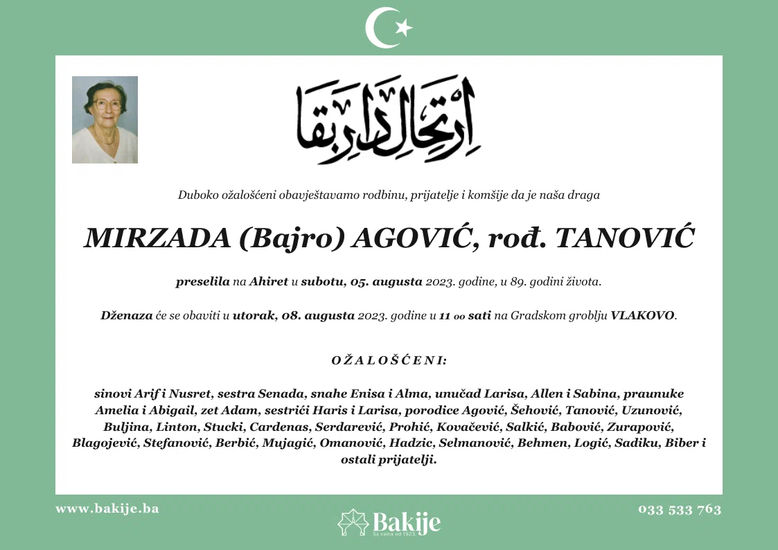Smrtovnica — Mirzada (Bajro) Agović, rođ. Tanović