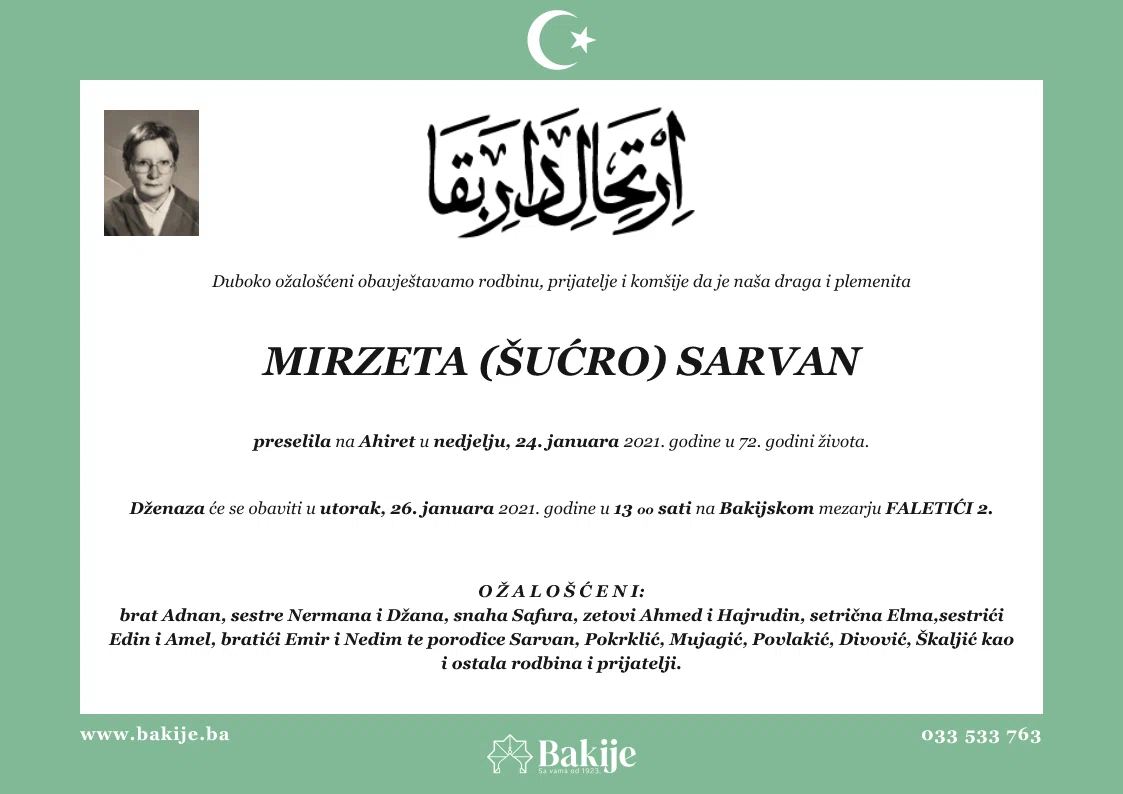 Smrtovnica — Mirzeta (Šućro) Sarvan