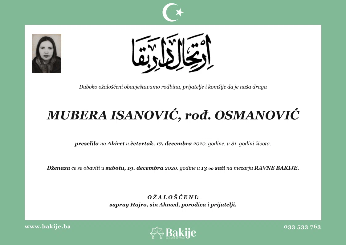 Smrtovnica — Mubera Isanović, rođ. Osmanović