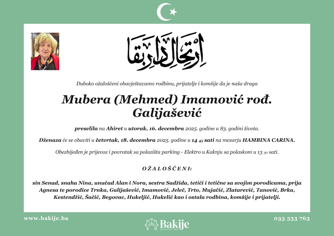 Smrtovnica — Mubera (Mehmed) Imamović rođ. Galijašević