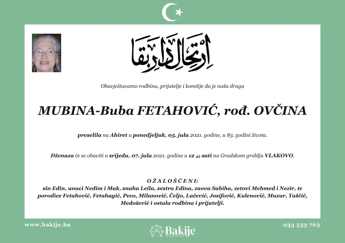 Smrtovnica — Mubina-Buba Fetahović, rođ. Ovčina