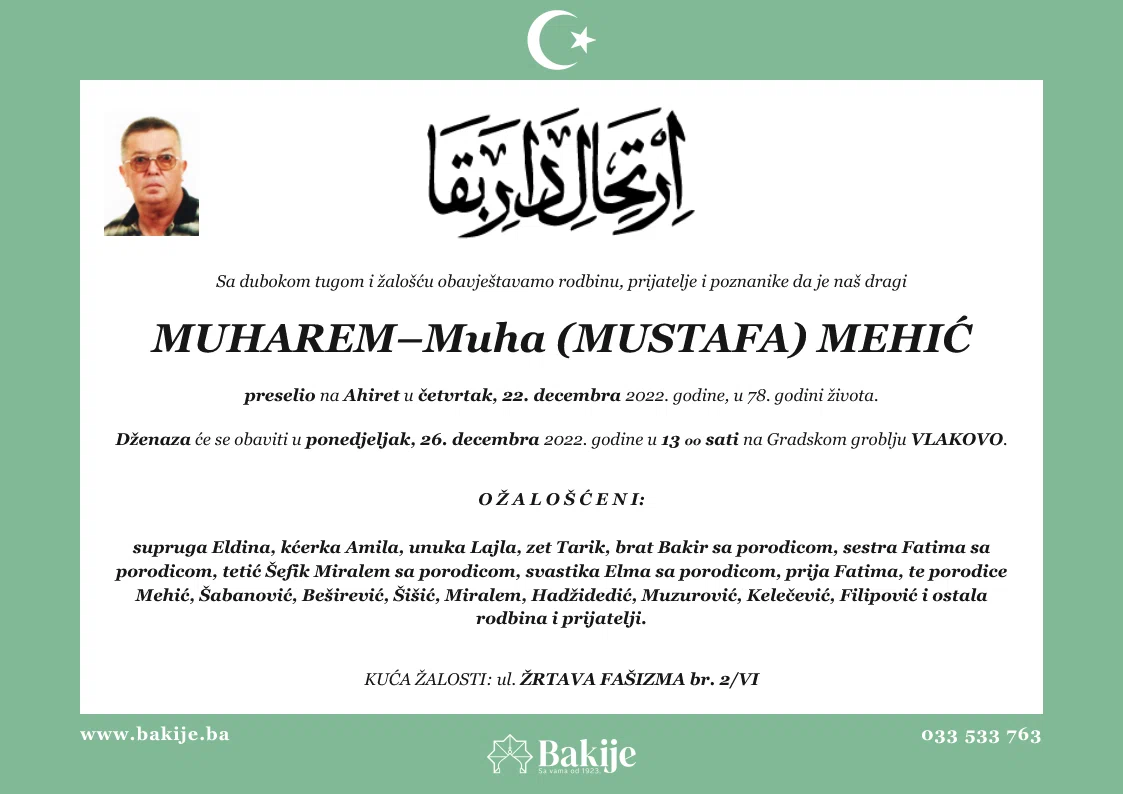 Smrtovnica — Muharem–muha (Mustafa) Mehić