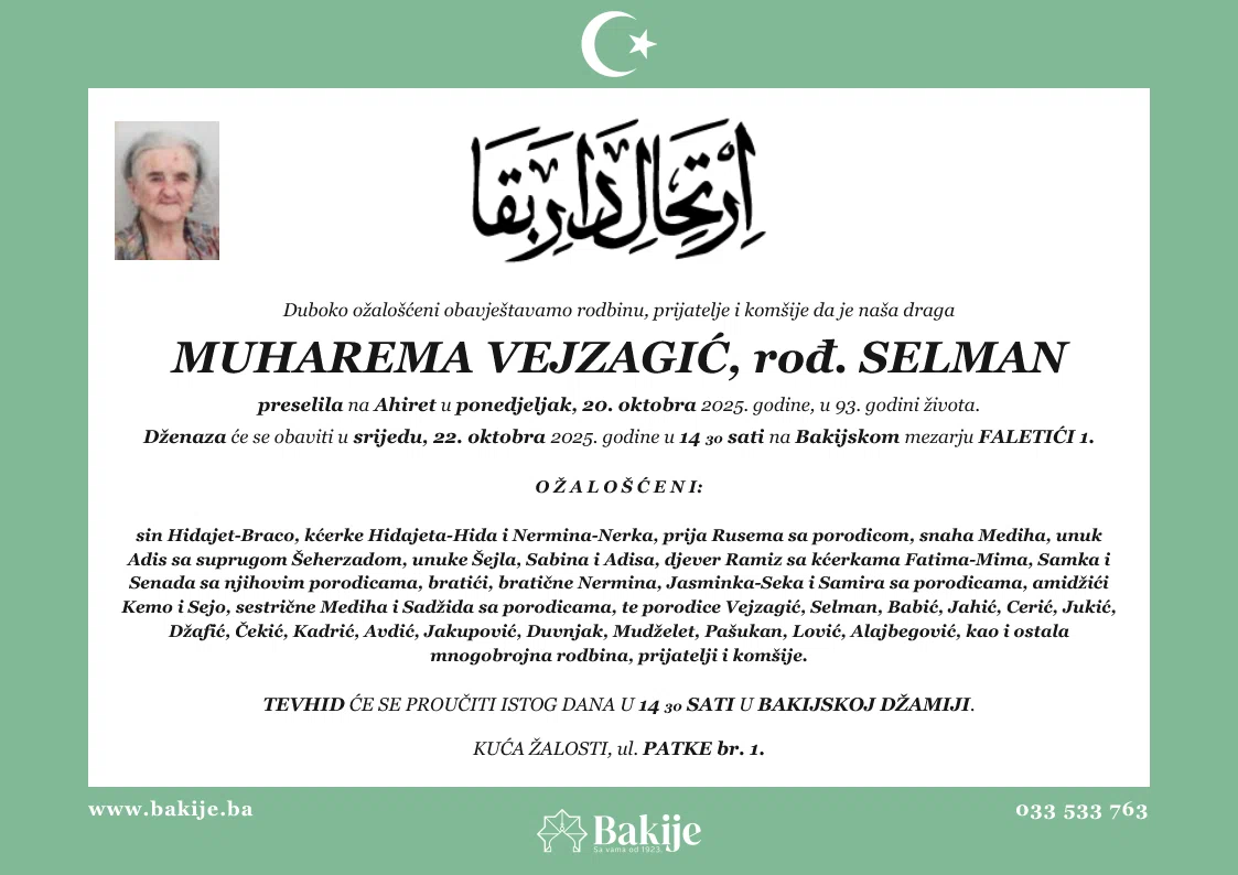 Smrtovnica — Muharema Vejzagić, rođ. Selman